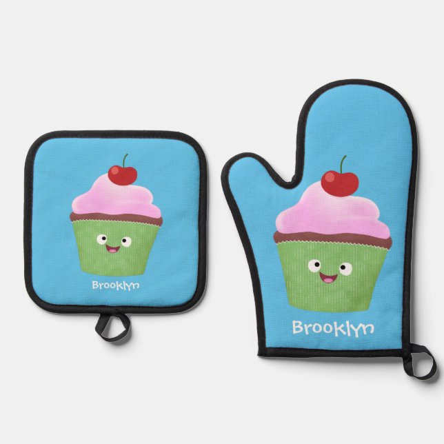 Cute happy cupcake cartoon illustration oven mitt & pot holder set (Front)
