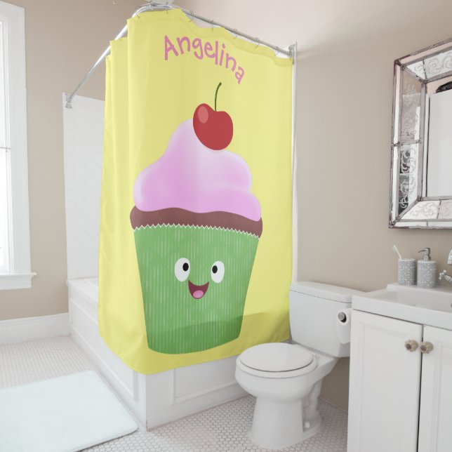 Cute happy cupcake cartoon illustration shower curtain (In Situ)