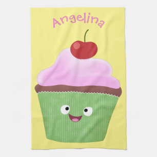Cute happy cupcake cartoon illustration tea towel