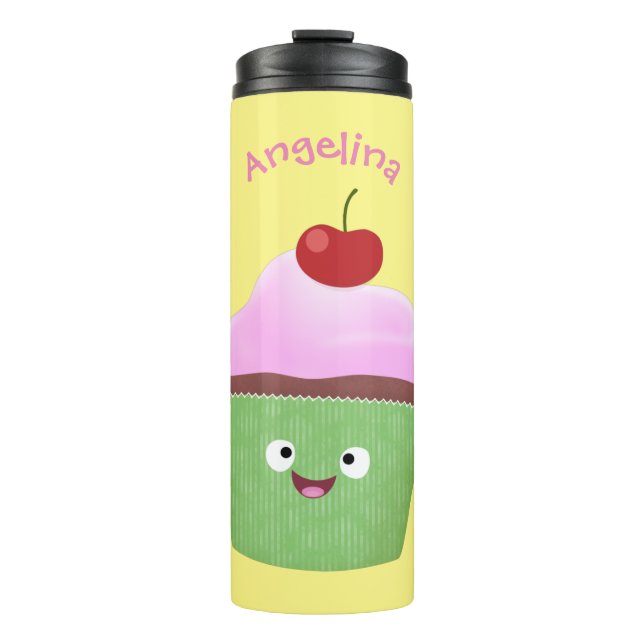 Cute happy cupcake cartoon illustration thermal tumbler (Front)