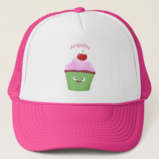 Cute happy cupcake cartoon illustration trucker hat (Front)
