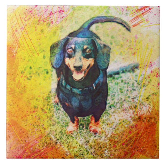 Cute Happy Dachshund Dog Head Face Ceramic Tile (Front)