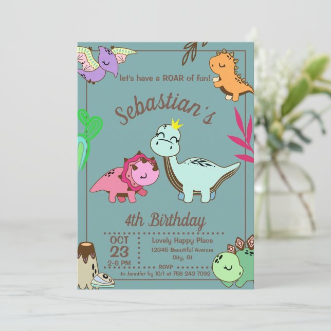 Cute Happy Dinosaur Birthday Party Invitation (Standing Front)
