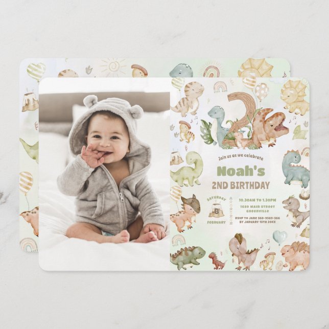 Cute Happy Dinosaurs 2nd Second Birthday Photo Invitation (Front/Back)