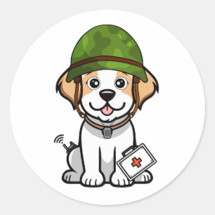 Cute Happy Dog Wearing army helmet Classic Round Sticker