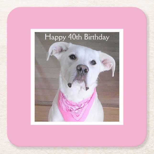 Cute Happy Dog With Soulful Eyes Birthday Pink Square Paper Coaster (Front)