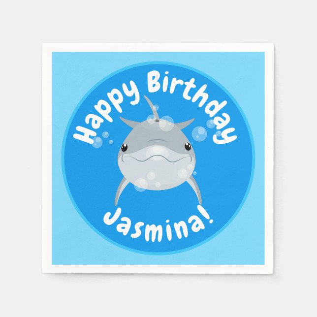 Cute happy dolphin bubbles cartoon illustration napkin (Front)
