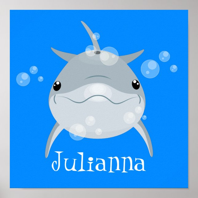 Cute happy dolphin bubbles cartoon illustration poster (Front)