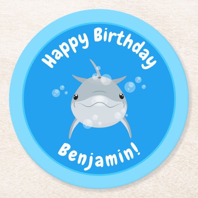 Cute happy dolphin bubbles cartoon illustration round paper coaster (Front)