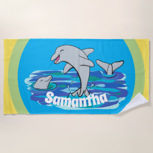 Cute happy dolphins bright cartoon beach towel