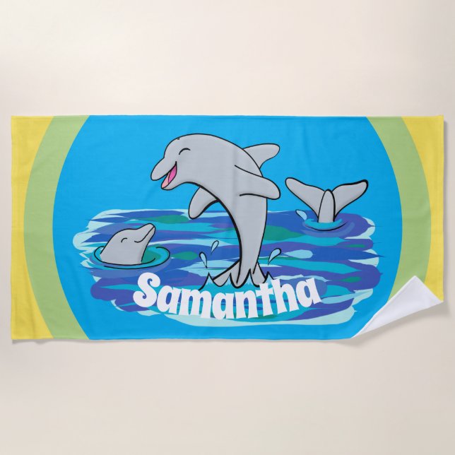 Cute happy dolphins bright cartoon beach towel (Front)