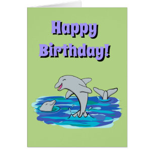 cute, happy dolphins cartoon birthday card