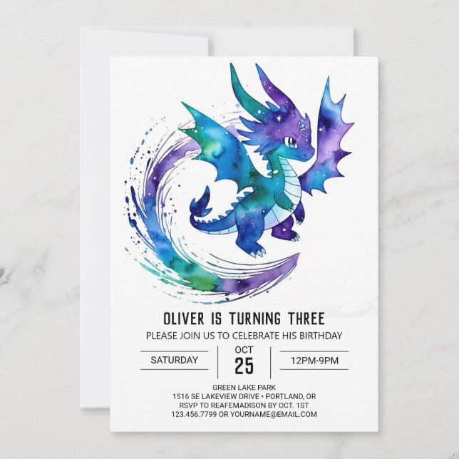 Cute Happy Dragon Digital Boy Birthday Invitation (Front)