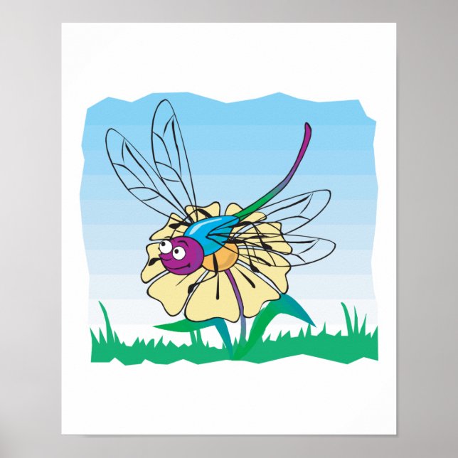 cute happy dragonfly on flower poster (Front)