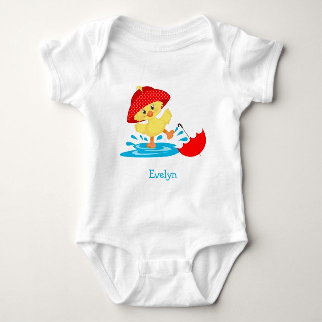 Cute Happy Duck in Rain with First Name Baby Bodysuit (Front)