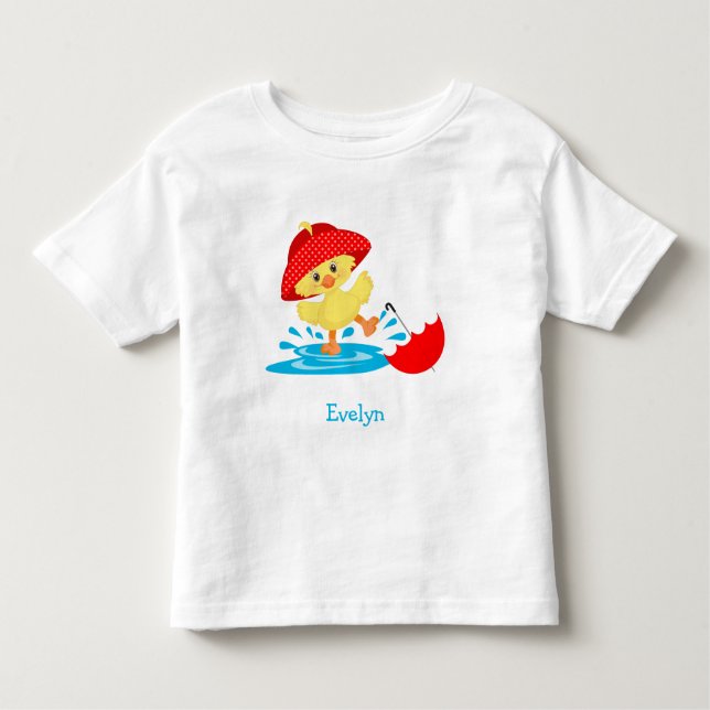 Cute Happy Duck in Rain with First Name Toddler T-Shirt (Front)