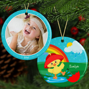 Cute Happy Duck in Rain with Rainbow Custom Photo Ceramic Ornament