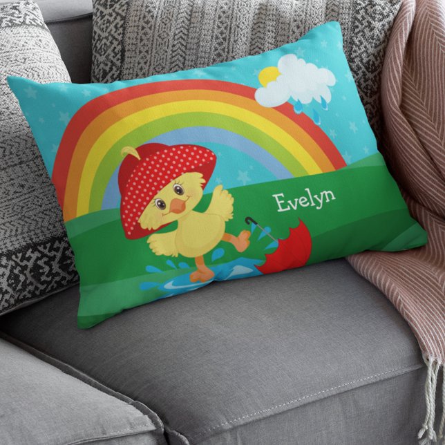 Cute Happy Duck in Rain with Rainbow Decorative Cushion (Creator Uploaded)