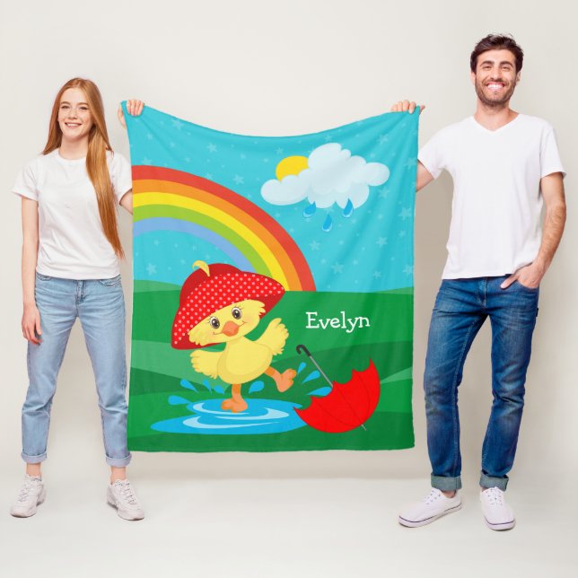 Cute Happy Duck in Rain with Rainbow Fleece Blanket (In Situ)