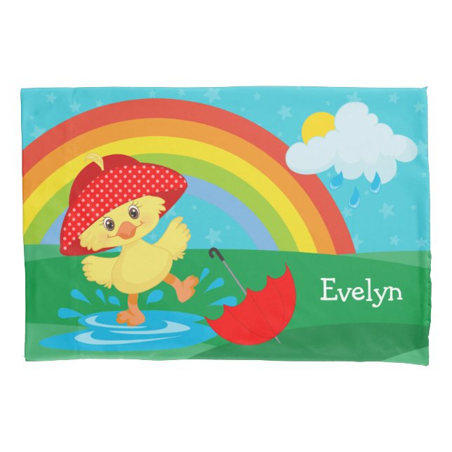 Cute Happy Duck in Rain with Rainbow Pillowcase (Front)