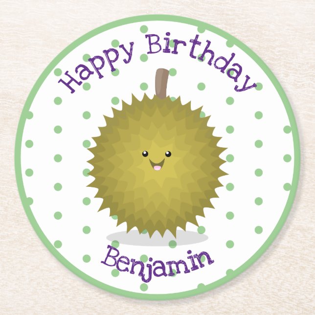 Cute happy durian cartoon illustration round paper coaster (Front)