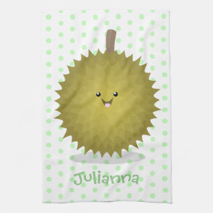Cute happy durian cartoon illustration tea towel