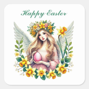 Cute Happy Easter Angel Square Sticker