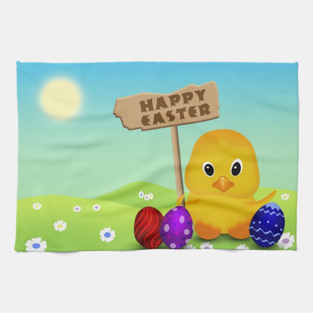 Cute Happy Easter Baby Chick Tea Towel (Horizontal)