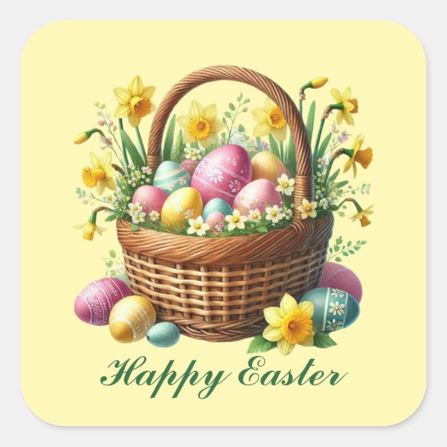 Cute Happy Easter basket Square Sticker (Front)