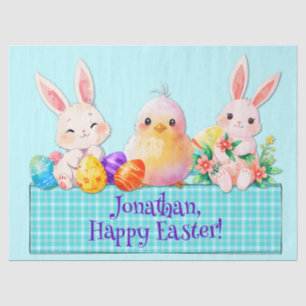 Cute Happy Easter bunnies chick eggs flowers blue Tissue Paper