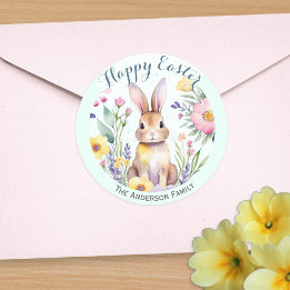 Cute Happy Easter Bunny and Flowers Personalised Classic Round Sticker