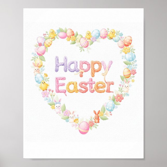 Cute Happy Easter Bunny & Chick Heart  Poster (Front)