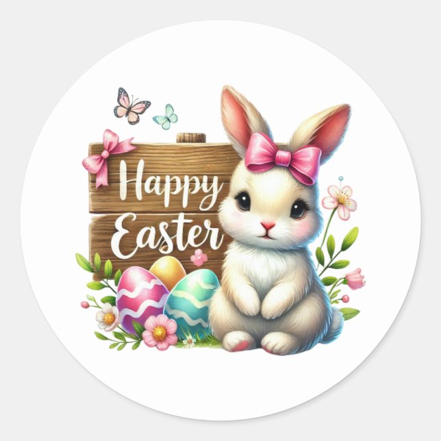 Cute Happy Easter bunny  Classic Round Sticker (Front)