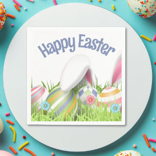 Cute HAPPY EASTER Bunny Ears Modern Coloured Eggs Napkin