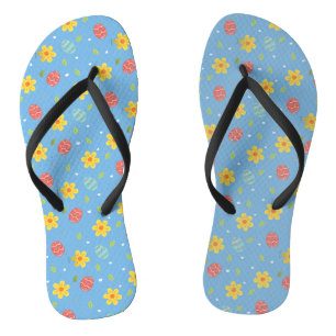 Cute Happy Easter Bunny Eggs Floral Blue Thongs