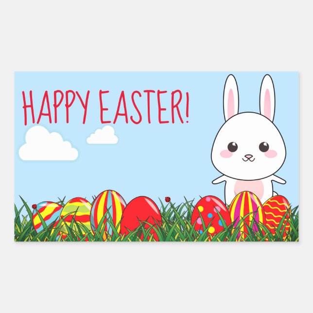 Cute Happy Easter Bunny & Eggs on grass Rectangular Sticker (Front)