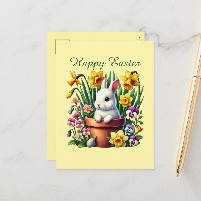 Cute Happy Easter bunny Holiday Postcard (Front/Back In Situ)