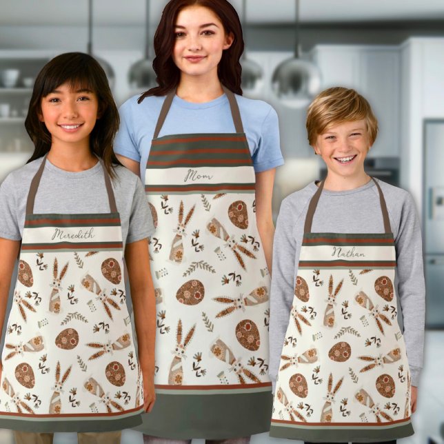 Cute Happy Easter Bunny Pattern Custom Name Folk Apron (Creator Uploaded)