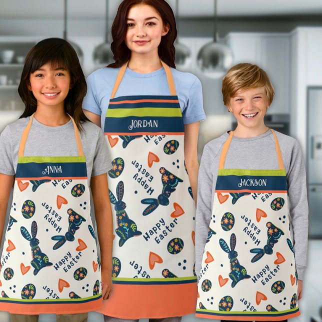 Cute Happy Easter Bunny Pattern Navy Custom Folk  Apron (Creator Uploaded)