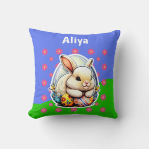 Cute Happy Easter Bunny Pink Flower Pattern Cushion