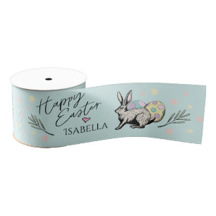 Cute Happy Easter Bunny Rabbit and Eggs Name Grosgrain Ribbon