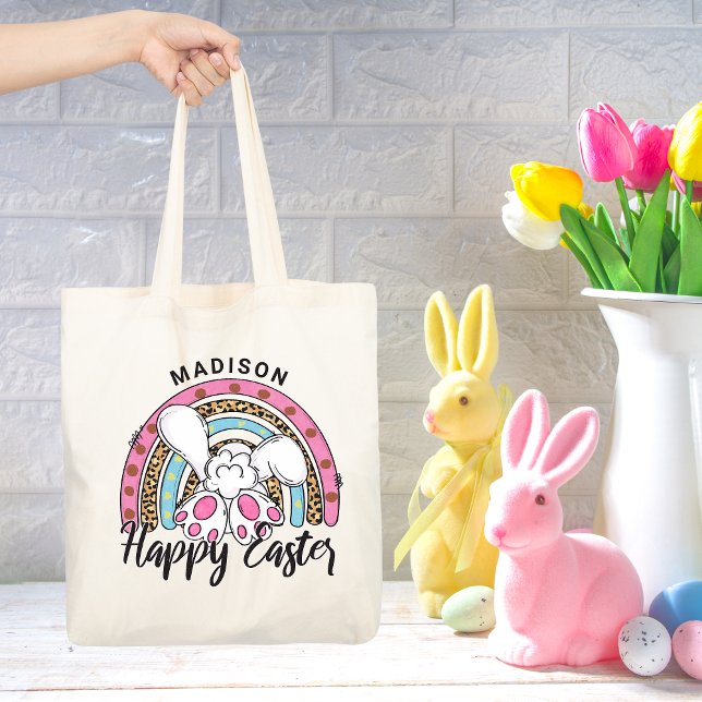 Cute Happy Easter Bunny Rabbit Rainbow Add Name Tote Bag (Creator Uploaded)