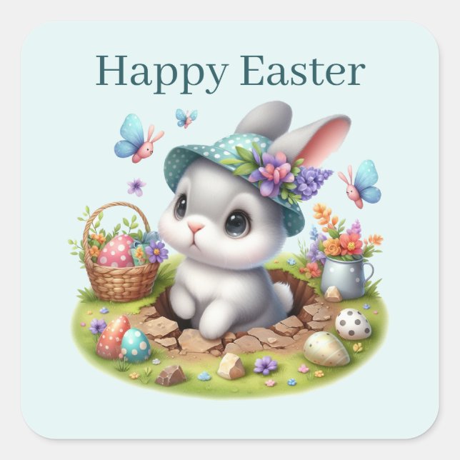 Cute Happy Easter bunny  Square Sticker (Front)