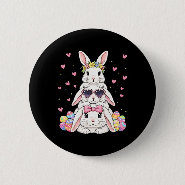 Cute Happy Easter Bunny Stack Floral Easter Eggs G 6 Cm Round Badge (Front)