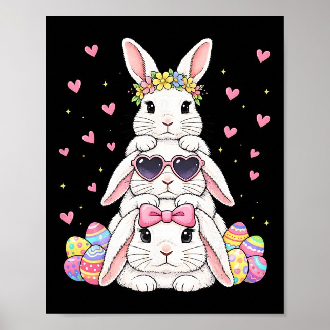 Cute Happy Easter Bunny Stack Floral Easter Eggs G Poster (Front)