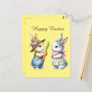 Cute Happy Easter bunny watercolor  Postcard