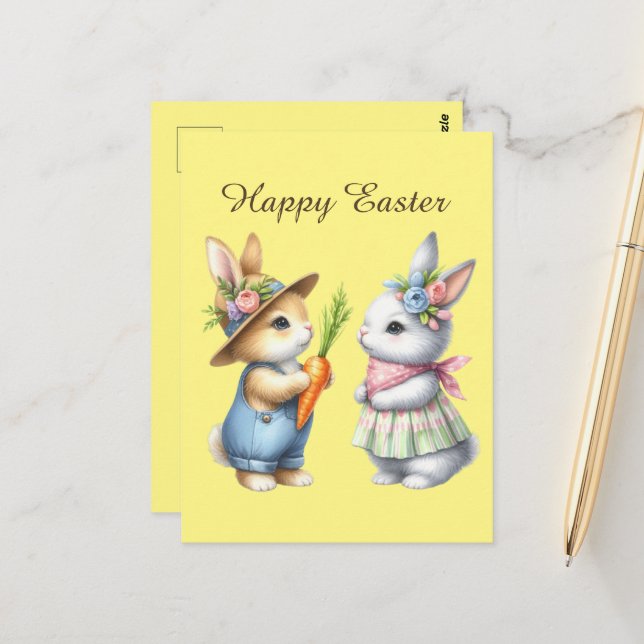 Cute Happy Easter bunny watercolor  Postcard (Front/Back In Situ)