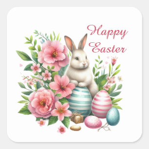 Cute Happy Easter bunny watercolor  Square Sticker