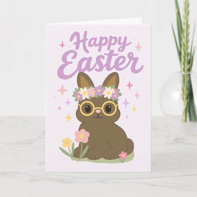 Cute Happy Easter Bunny with Spring Flowers Card (Front)