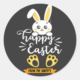 Cute Happy Easter Bunny with Yellow Paw Prints Classic Round Sticker